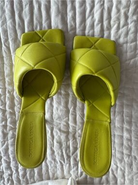 Bottega Veneta Quilted Lime Green Square-Toe Slide Sandals